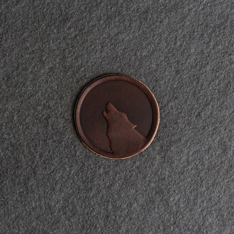 Wolf Leather Patch Velcro Option 2.25 x 2.25 Circle Howling Wolf Silhouette Patch for Backpack, Jackets, and more Mother's Day Nut Brown Dublin