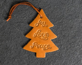 Joy Love Peace Leather Christmas Ornament - Tree Shape | Stocking Tags | 2023 Texas Christmas Decorations | Teacher Gifts | Mother's Day