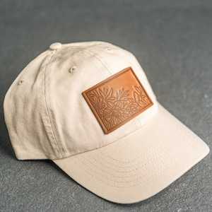 Floral Stamp Unstructured Hat | Leather Patch Hats for Women or Men | Gifts for Mom | Outdoor Hiking Apparel | Mother's Day