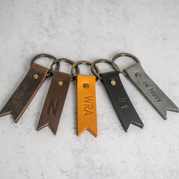 Personalized Leather Keychain | Flag Shape Keyring | Key Fob Customized with Initials/Name | Mother's Day Gift | Small