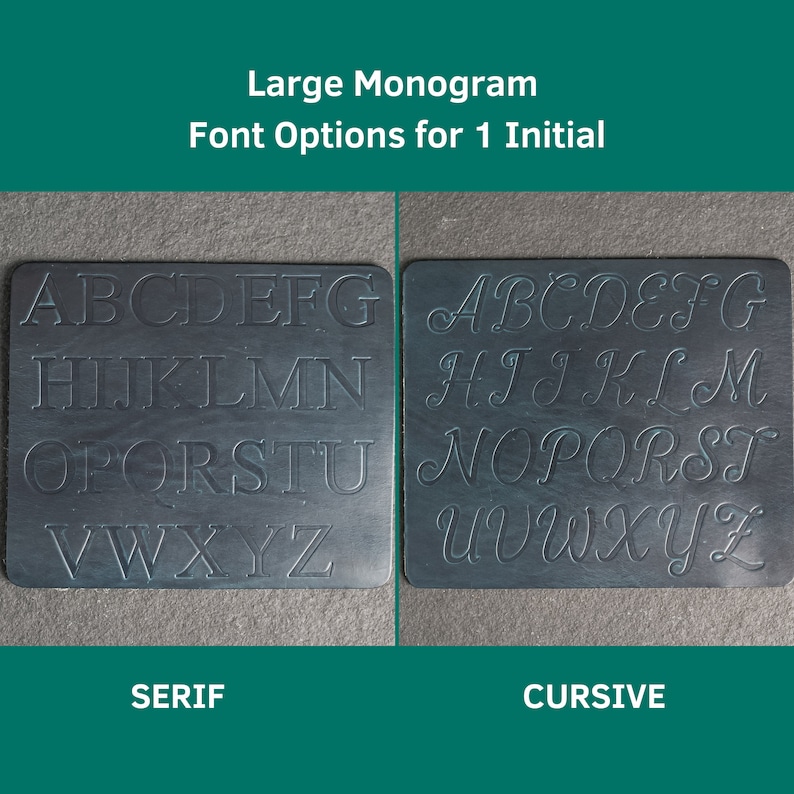 May include: Two metal plates with the alphabet in serif and cursive fonts. The plates are labeled "Serif" and "Cursive".