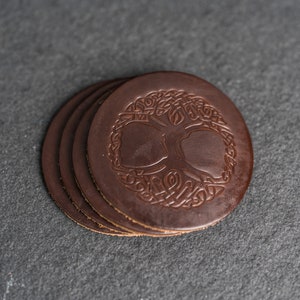 Celtic Tree Leather Coasters | Sold Individually or Set of 4 | 100% Full Grain Leather | 4" | Dungeons and Dragons Gift |