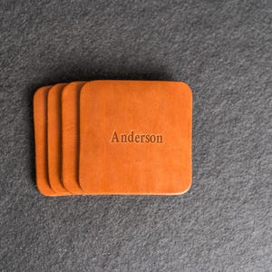 Personalized Leather Coasters | Set of 4 | Name or Initials | 100% Full Grain Leather | Custom Gift Harvest - Square