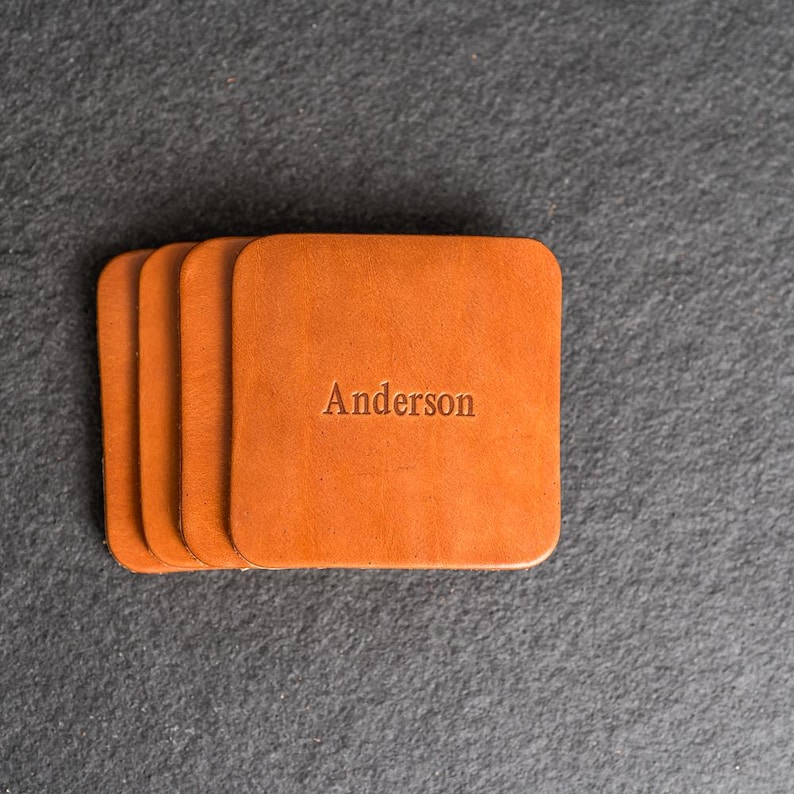 Personalized Leather Coasters | Set of 4 | Name or Initials | 100% Full Grain Leather | Custom Gift Harvest - Square
