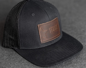Boné com placa do Texas | Bonés estilo caminhoneiro com patch de couro para ele ou para ela | Vestuário do Estado do Texas | Acessórios para atividades ao ar livre | Presente para o Dia das Mães