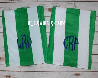 Monogrammed Kelly Green Stripe Beach Towel. Monogrammed Beach Towel. Green Beach Towel. Personalized Beach Towel. Green Stripe Towel