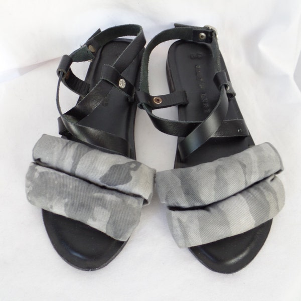 OSEI-DURO Avant garde padded cloth strap leather flat sandal/tribal distressed canvas+ black leather: size 39- fits US size 8-8.5 woman