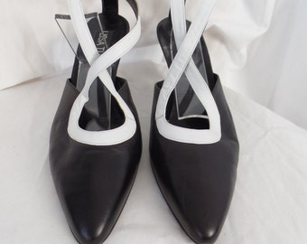 LISA TUCCI of Italy 90s black & white "Infinity" graphic sling back Art Deco heel pumps/ deadstock/: size 41.5=US 10 woman