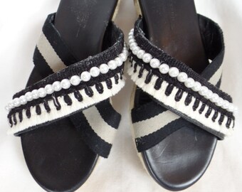 upcycled MAXMARA WEEKEND espadrille wide strap platform espadrille sandals/ pearl + fringe trim: size 39- fits US 9 woman