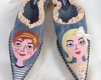 vintage STEPHANE DE RAUCOURT Boy + Girl denim slide espadrilles/ruffled crochet edges/pointy toe/ made in Spain: size 38c-fits 7.5-8narrow