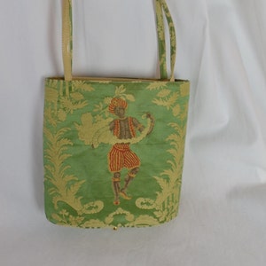 90s vntg Bridgerton style ANABELLE for KLEINBERG-SHERRILL Blackamoor figure tapestry leather purse/ lime green + gold fabric/ signed