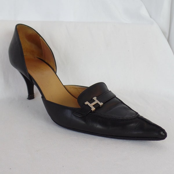 80s HERMES pointy toe kitten heel Dorsay style "loafer"/ black with iconic "H" buckle: size FR 38- fits US8 woman