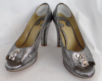 vintage CHLOE distressed silver black padlock peep toe pumps/ platform + chunky heel/Rocker Glam: IT size 39.5- fits US 9-9.5 women