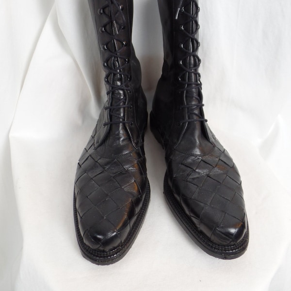 80s STEPHANE KELIAN PARIS black woven leather toe lug sole boot/ lace up military chic/ made in France: size UK7=US10.5 woman