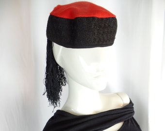 vintage red and black long 7" fringe FEZ  tribal box hat/chain stitch embroidered sides: 21.5"/ 57 cm circumference