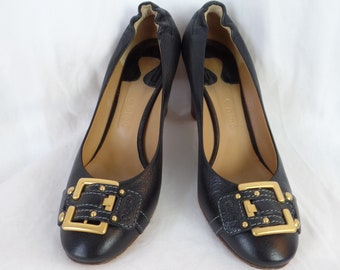 vintage CHLOE brass buckle toe scrunch heel black pumps/chunky heel/ round toe: size IT 40- fits like US9 generously