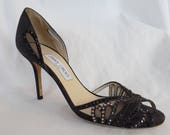 90s JIMMY CHOO soft black rhinestone butterfly suede mesh d 39 orsay pumps peep toe sexy EU 38.5 US8