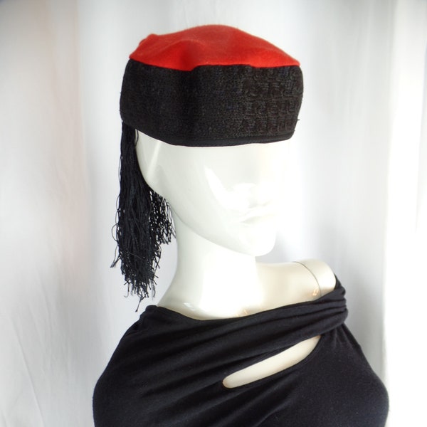 vintage red and black long 7" fringe FEZ  tribal box hat/chain stitch embroidered sides: 21.5"/ 57 cm circumference