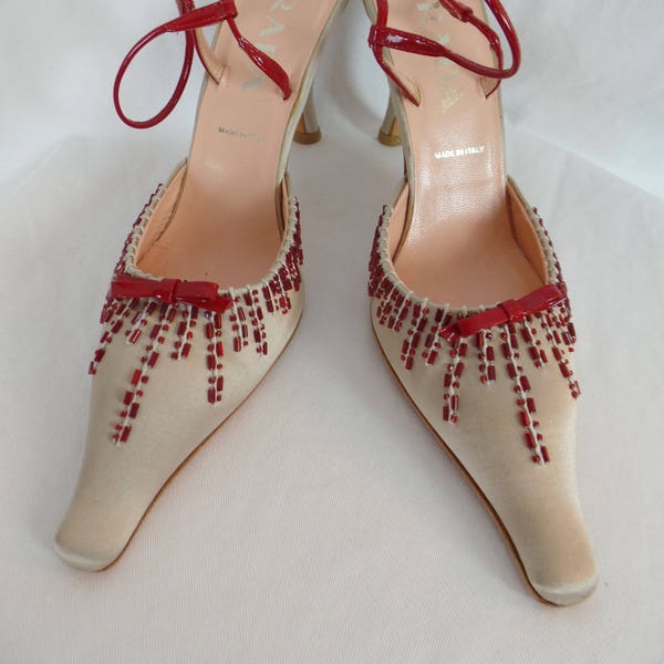 vintage 90s PRADA red beaded starburst champagne satin slingbacks/ extended toe/ comma shaped  heel: size IT 36.5= US 6 women