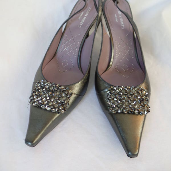 vintage ALBERTA FERRETTI metallic pewter silver crystal jeweled slingbacks/ kitten heel/ made in Italy: size 37- fits like 7-7.5 US woman