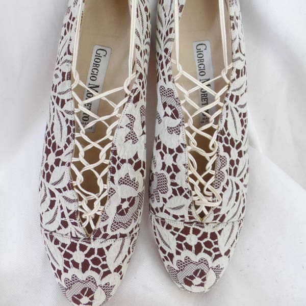 vintage GIORGIO MORETTO lace Ghillie style oxfords/ made in Italy/ jacquard ivory on cocoa brown/ extended laces: size 36.5- fits US6 women