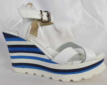 90s INGLEDEWS cobalt white black striped crepe wedge platform sandal/lug sole/  made in Italy: size 40- fit US women 9.5-10