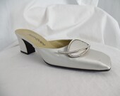 vintage YSL Yves Saint Laurent pearl grey satin rhinestone mules angled square toe flared heel wedding perfect size US womens 6