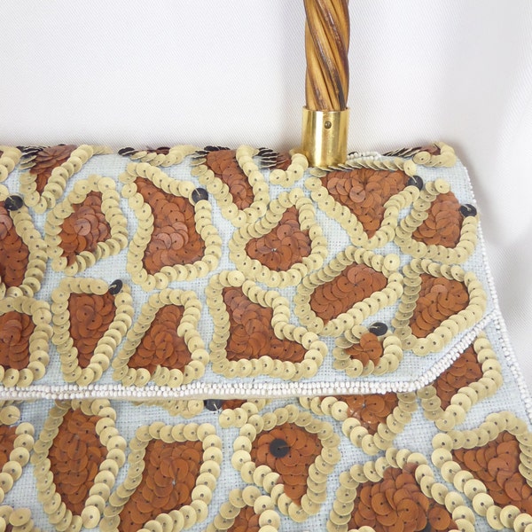 50s vintage MADE IN FRANCE handmade twisted wood handle sequined and beaded leopard print linen purse/ robins egg blue