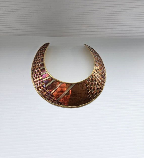 70s Brutalist woven copper, silver and brass wide 