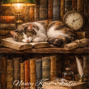 Dusty Musty Naptime |Tabby Cat Naptime-målning, biblioteksbokhyllekonst (digital nedladdning)