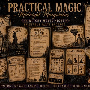 May include: A collection of printable party signs and game cards titled Practical Magic Midnight Margaritas. The set includes a welcome sign, menu, recipe card, witchy rules, bingo, trivia, and game cards featuring dark, vintage-style illustrations.