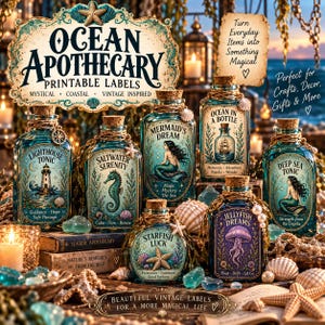 Op de afbeelding: Een verzameling glazen flessen met kurken stoppen, elk voorzien van decoratieve etiketten met nautische thema's zoals Lighthouse Tonic, Mermaid's Dream en Jellyfish Dreams. De etiketten bevatten tekst, illustraties van zeedieren en accenten van touw.