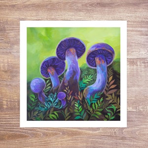 Violet Webcap Mushrooms, Giclee Print, 8x8, purple and Green, Gift for mushroom Lover, Cottagecore Wall Decor, purple fungi, mycology art