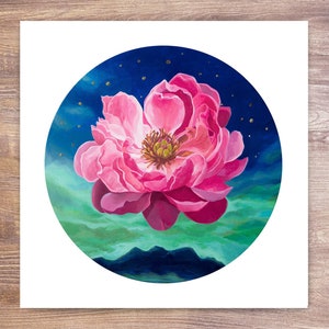 Pink Peony Flower, Giclee Art Print, 8x8, 12x12, archival print, Surreal nature, botanical art, Turquoise, Night sky, Surrealism