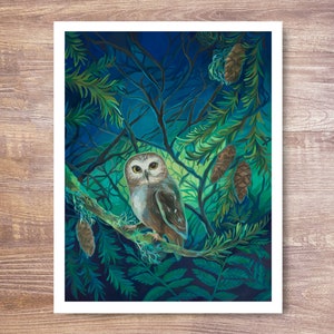 Twilight Owl Art Print, 8x10 / 11x14 Giclee, Blue Green, Botanical Wildlife, Saw Whet Owl, Night Sky, Tree Branches, Colorful Whimsical Art
