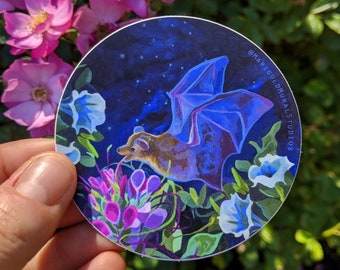 Bat & flowers sticker art 3" circle vinyl decal - Blue + pink -Waterproof and Dishwasher safe -Gift for Nature Animal lover - moonlit datura
