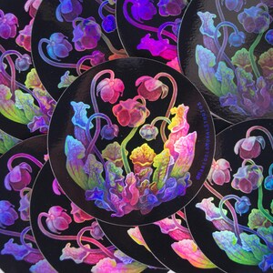 May include: A collection of round, black stickers featuring a vibrant, colorful illustration of stylized plants with iridescent highlights. The artwork includes pink, purple, yellow, and green hues, creating a holographic effect. The text "MAKIGOLDMURALSTUDIOS" is visible on some stickers.