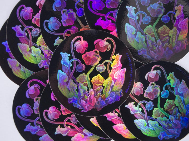May include: A collection of round, black stickers featuring a vibrant, colorful illustration of stylized plants with iridescent highlights. The artwork includes pink, purple, yellow, and green hues, creating a holographic effect. The text "MAKIGOLDMURALSTUDIOS" is visible on some stickers.