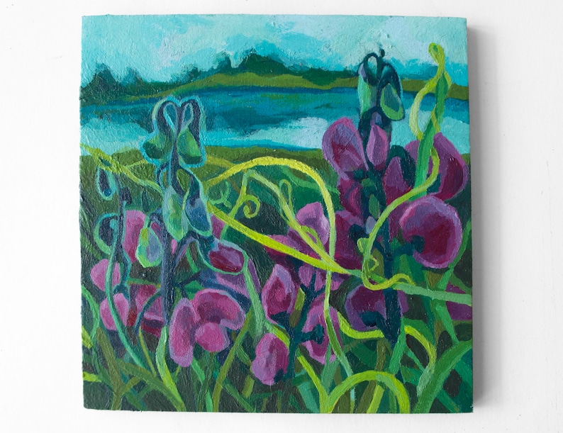 Small 5x 5 Framed /& Ready to Hang botanical art gift for nature lover Wild Sweet Peas Wildflowers Acrylic Painting Original