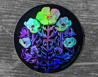 Holographic Poppies sticker - 3" circle vinyl decal - Turquoise + Purple Art Nouveau Prickly poppy flowers - Dishwasher safe & waterproof