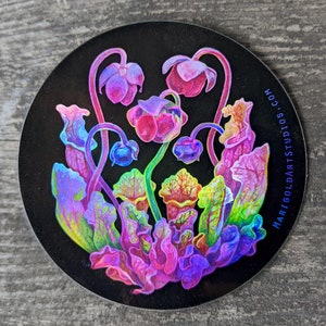 Holographic Pitcher Plant sticker, 3&quot; circle vinyl decal, Art Nouveau, Carnivorous Plants - Dishwasher safe & waterproof, Moody botanical