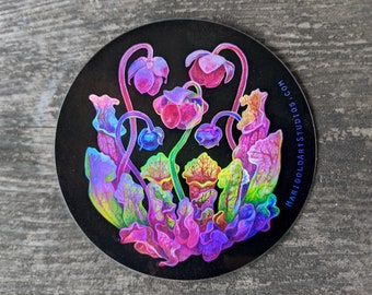 Holographic Pitcher Plant sticker, 3" circle vinyl decal, Art Nouveau, Carnivorous Plants - Dishwasher safe & waterproof, Moody botanical
