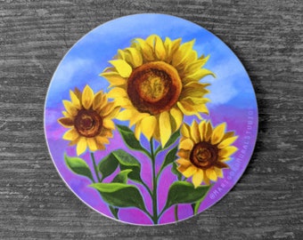 Sunflower Sticker - 3" circle vinyl decal , Blue and Pink floral - Waterproof and Dishwasher safe  - Colorful Sunflowers Botanical Art Gift