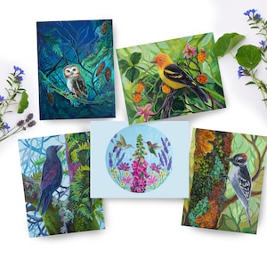 Jeu de cartes Oiseaux du Nord-Ouest, 5 cartes avec enveloppes kraft, Variété de cartes Nature, Cartes de voeux artistiques, Intérieur vierge, Amoureux des oiseaux, Chouette