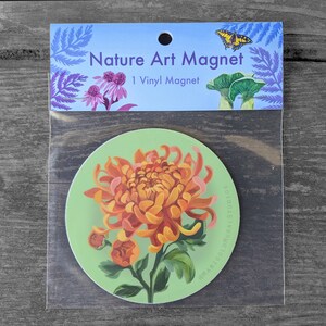 Chrysanthemum Magnet, 3" Vinyl, Artistic Fridge magnet, Orange flowers, Sunny Mums, Mint Green, Botanical art magnet, Colorful Floral