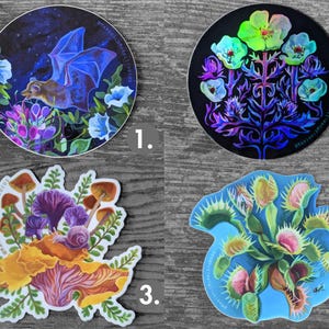 May include: Four colorful stickers featuring nature-themed illustrations. One sticker depicts a bat with blue wings among flowers. Another shows glowing flowers on a black background. The third features mushrooms and a snail, and the fourth shows a Venus flytrap.