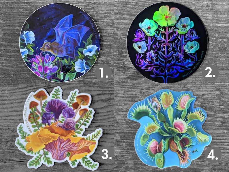 May include: Four colorful stickers featuring nature-themed illustrations. One sticker depicts a bat with blue wings among flowers. Another shows glowing flowers on a black background. The third features mushrooms and a snail, and the fourth shows a Venus flytrap.