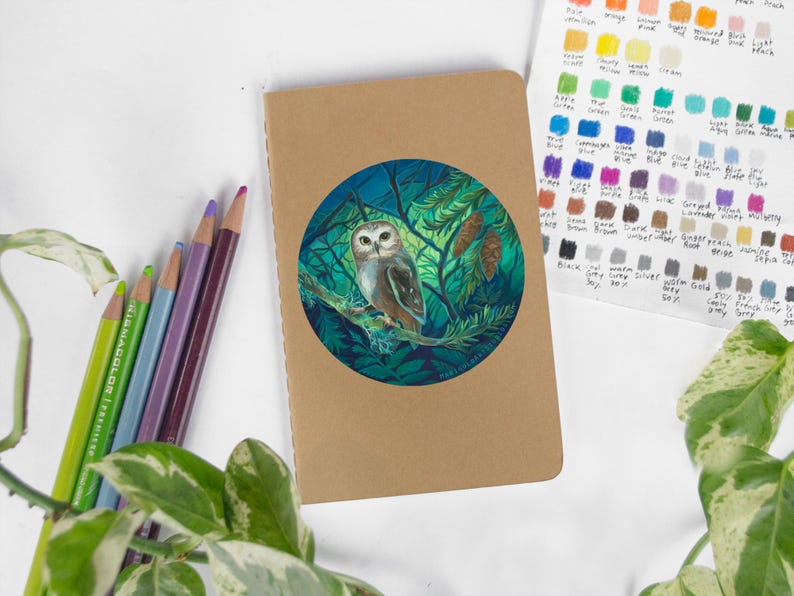 May include: A brown notebook with a circular illustration of an owl perched on a branch within a forest scene. Colored pencils in green, blue, purple, and brown are arranged to the left. A color chart is visible.