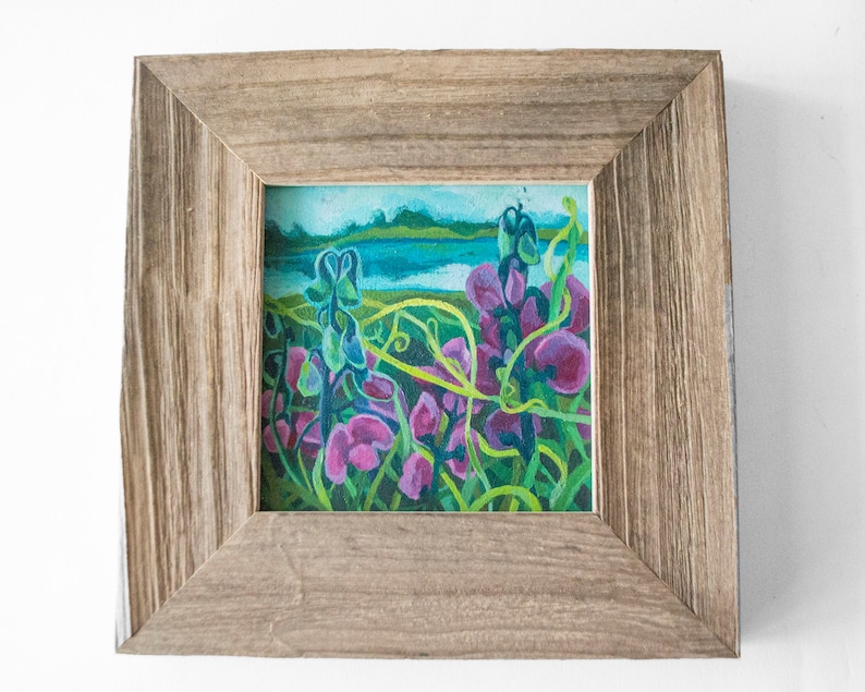 Small 5x 5 Framed /& Ready to Hang botanical art gift for nature lover Wild Sweet Peas Wildflowers Acrylic Painting Original