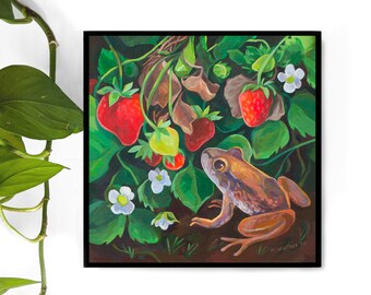 Frog and Strawberry, 8''x8'' Art Print- Cute Frog wall art - Colorful nature wall decor, Oregon Animals, StrawBerries